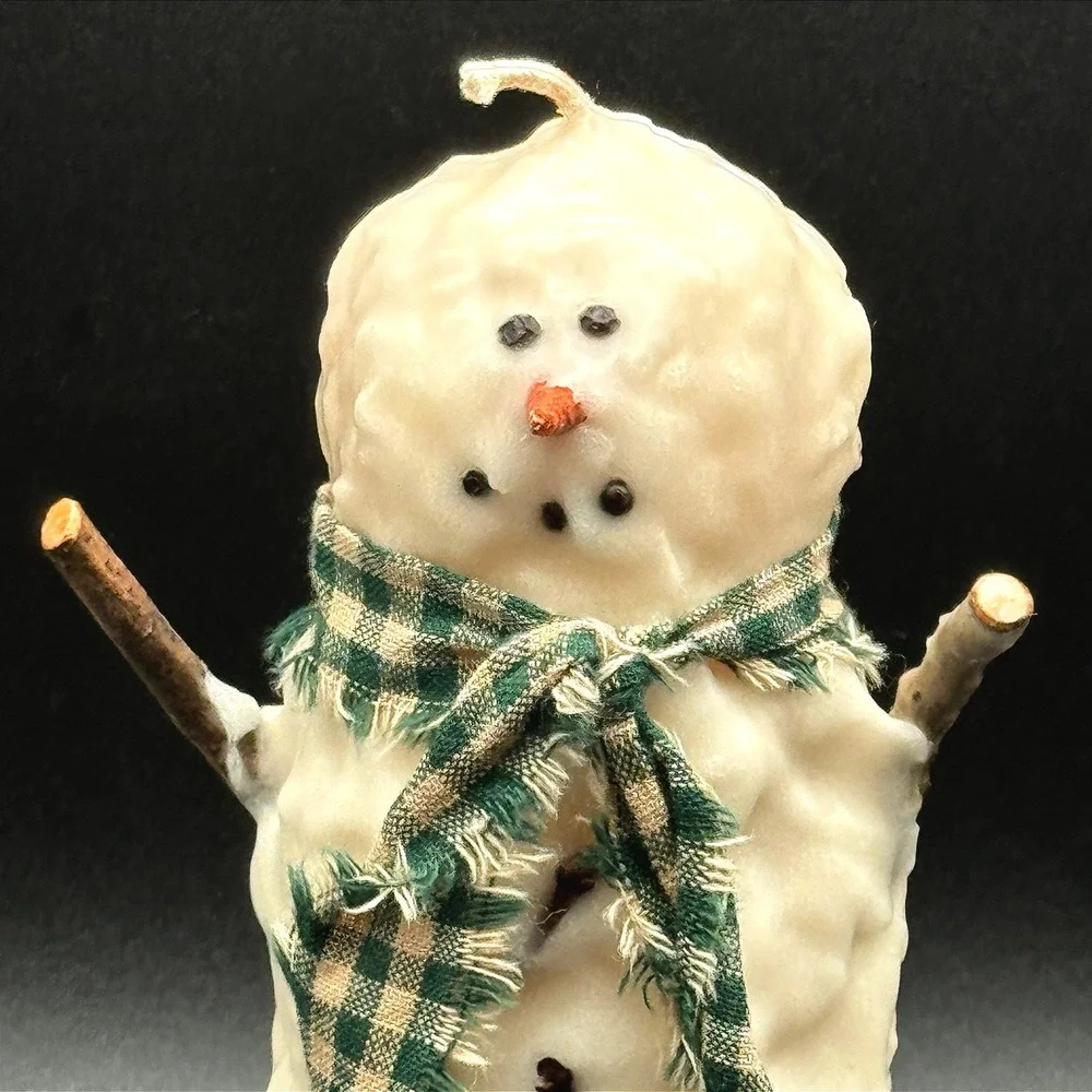 Rustic Snowman Pillar Candle Primitive Holiday Decor Plaid Scarf Stick Arms
